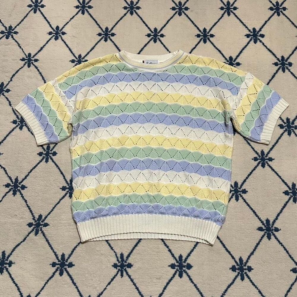 Vintage 1970s Pastel Stripe Knit Short Sleeve Pullover Sweater